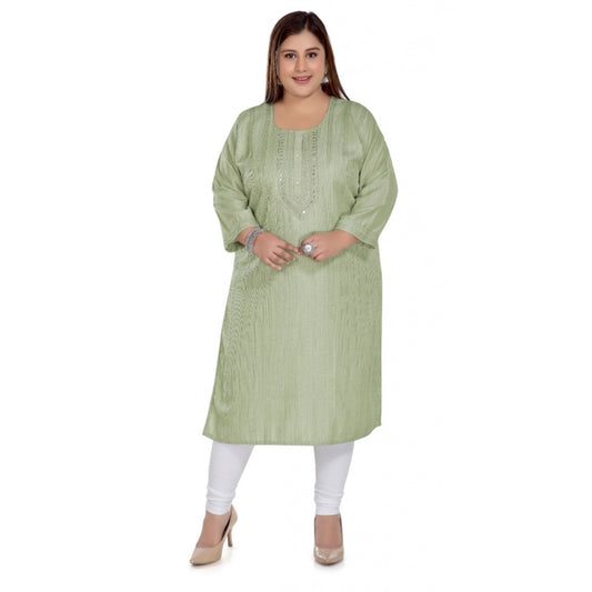 Casual 3/4th Sleeve Imported Fabric Self Embroidered Straight Kurti With Lining (Pista Green)