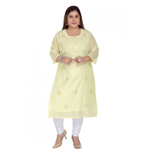 Casual 3/4th Sleeve Rayon Mirror Embroidered Straight Kurti (Light Yellow)