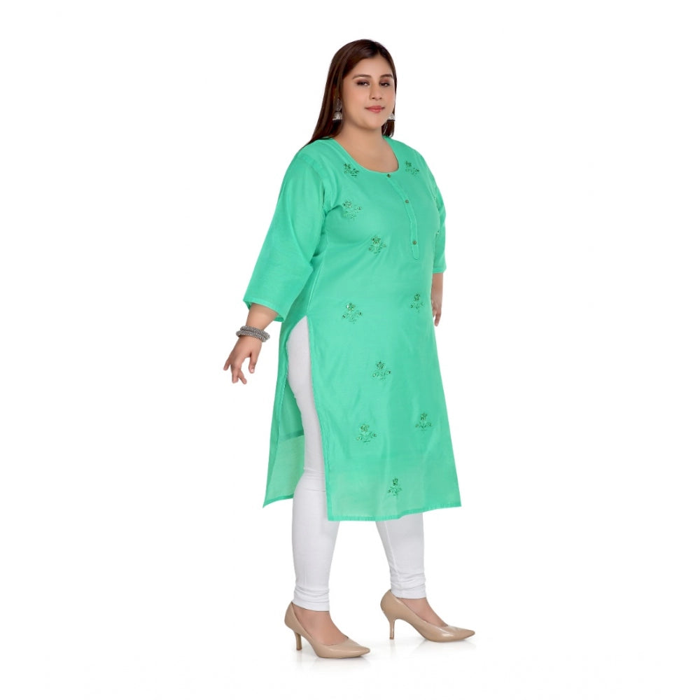 Casual 3/4th Sleeve Rayon Mirror Embroidered Straight Kurti (Green)