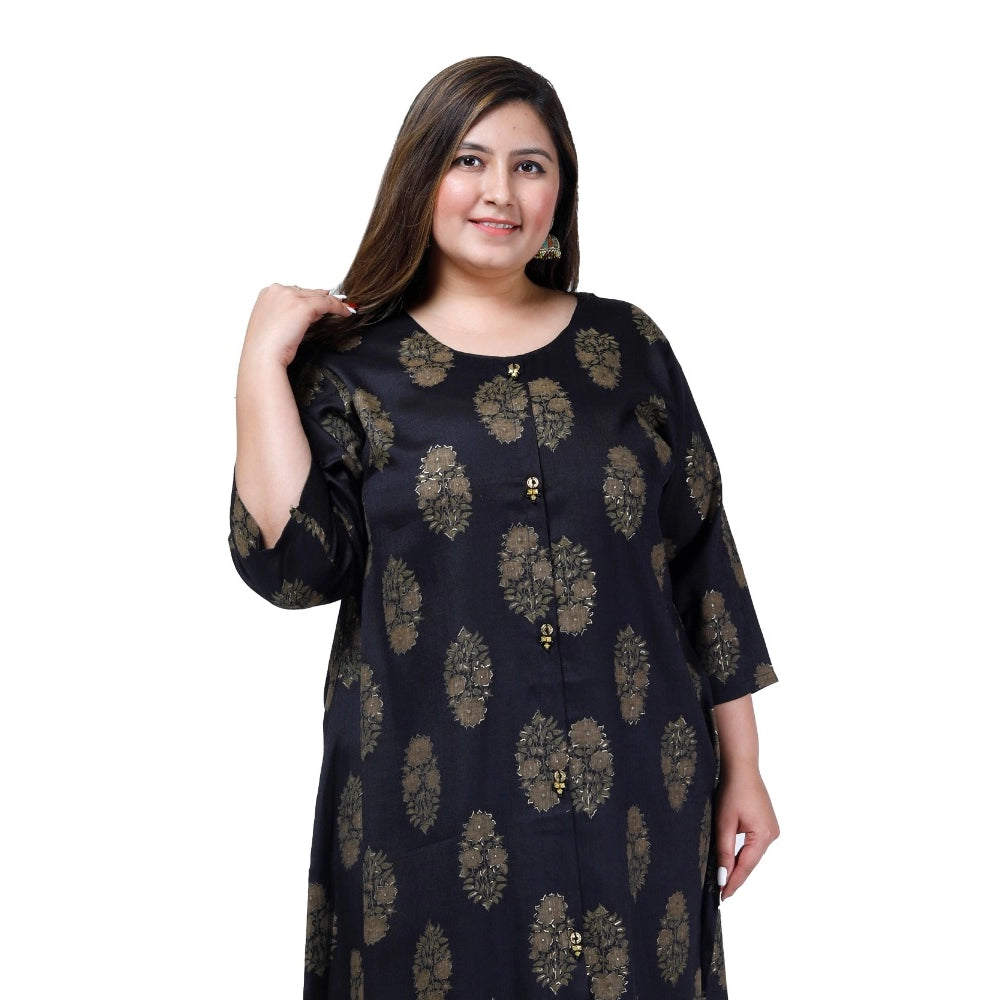 Office wear Golden Foil Capsule A-Line Kurti (Black)