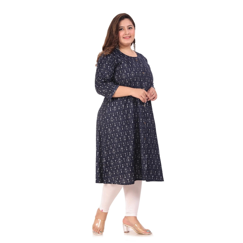 Office wear Floral Printed Capsule A-Line Kurti (Navy Blue)