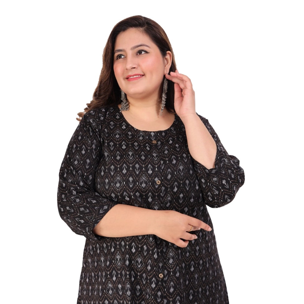 Office wear Floral Printed Capsule A-Line Kurti (Black)