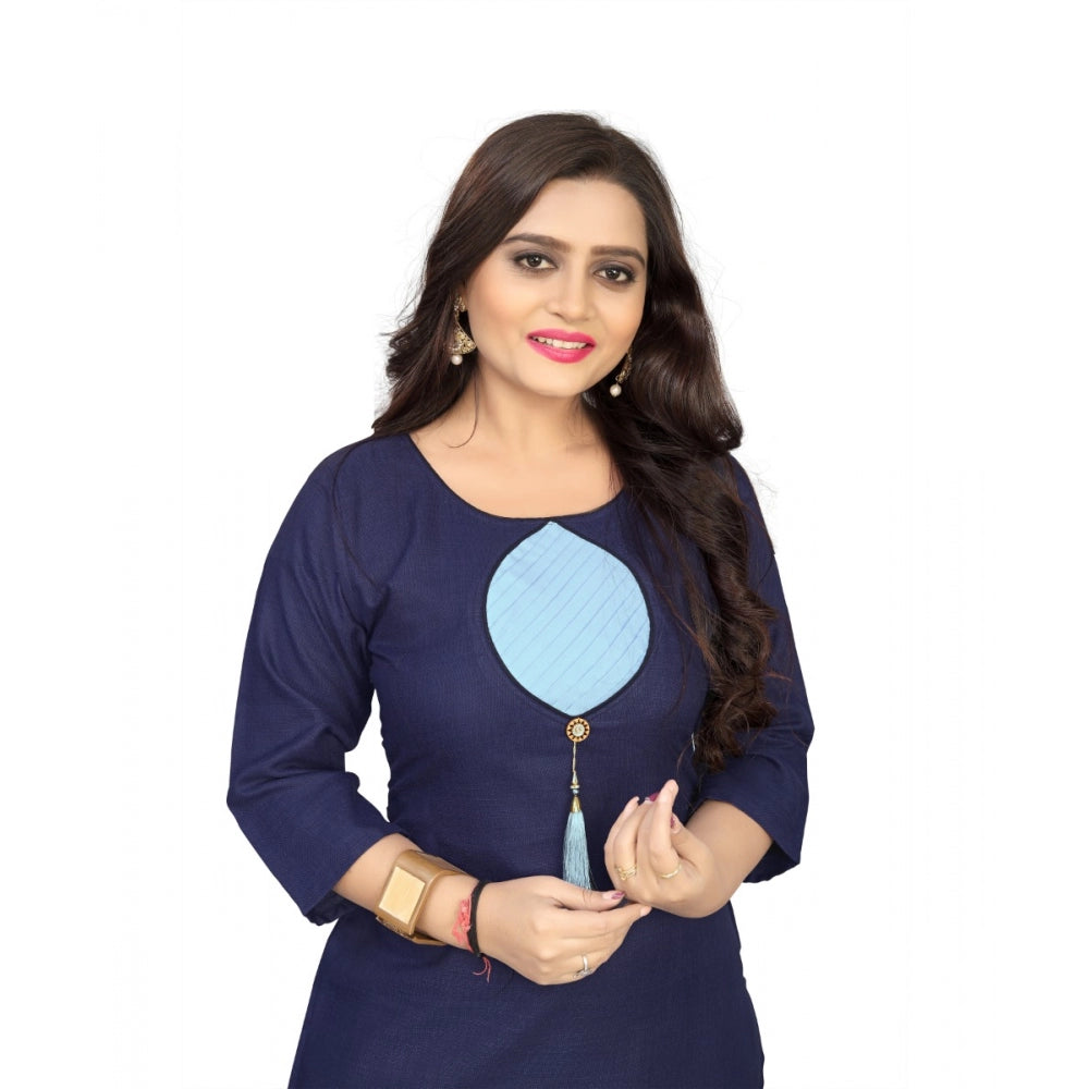 Generic Women's Cotton Solid A-Line Kurti (Navy Blue)