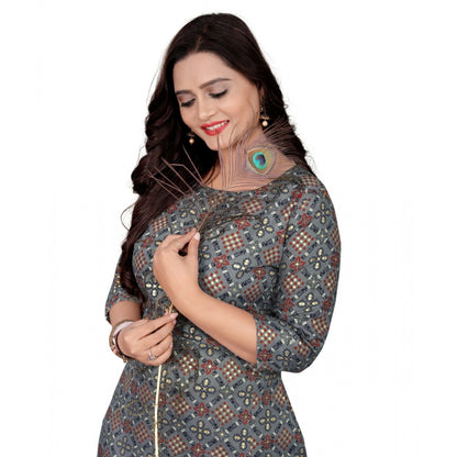 Cotton Print with Foil Frontslit Kurti (Grey)