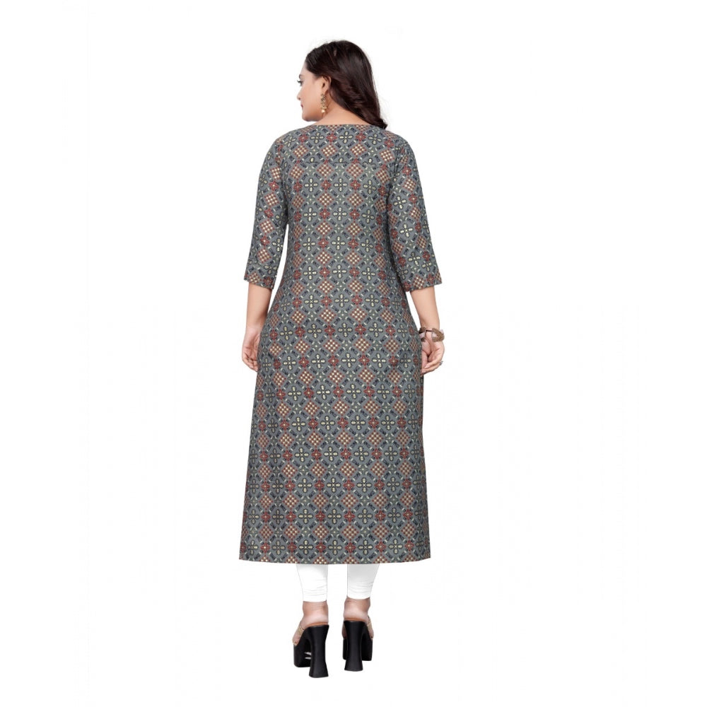 Cotton Print with Foil Frontslit Kurti (Grey)