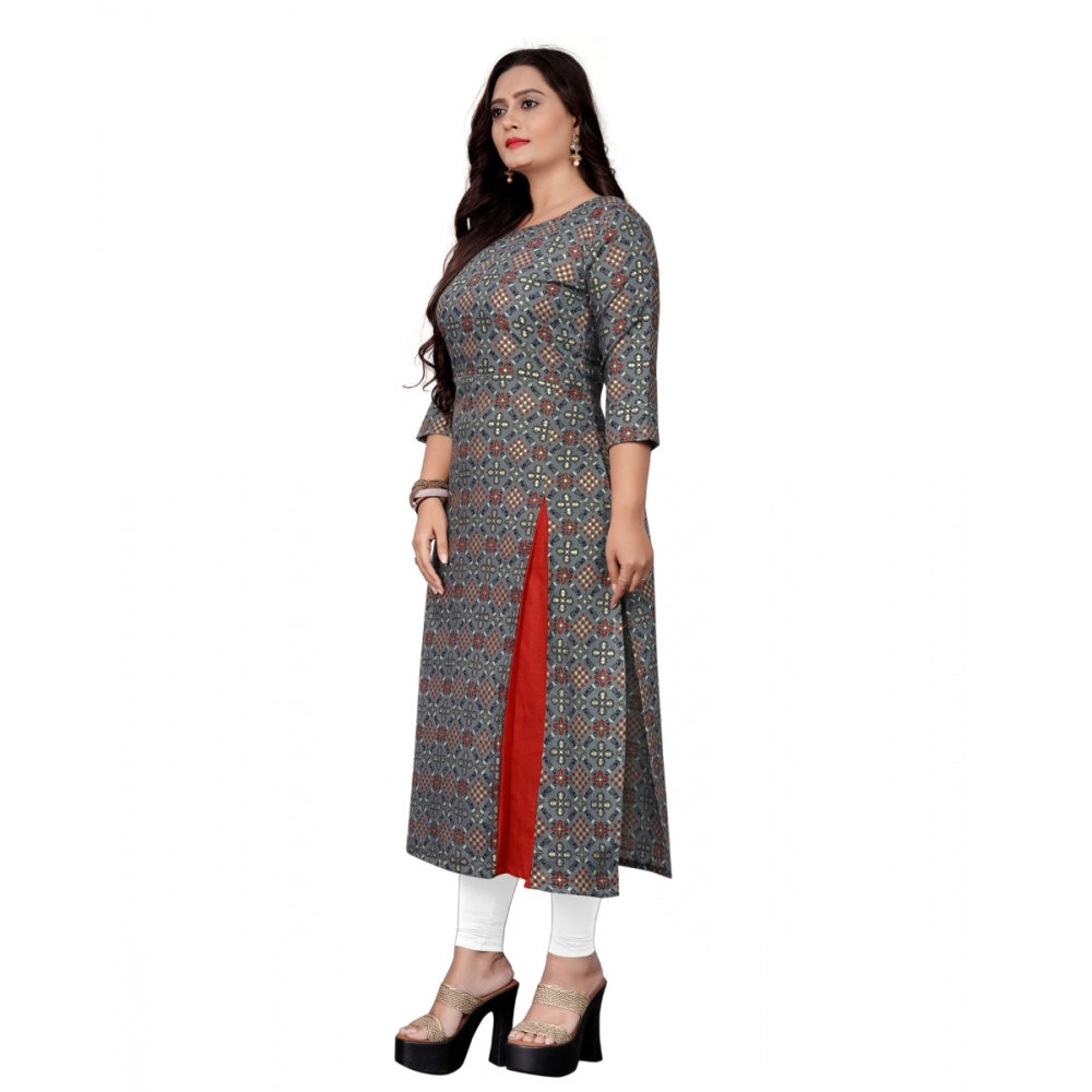 Cotton Print with Foil Frontslit Kurti (Grey)