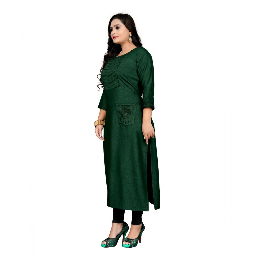 Cotton Embroidery Straight Kurti (Dark Green)