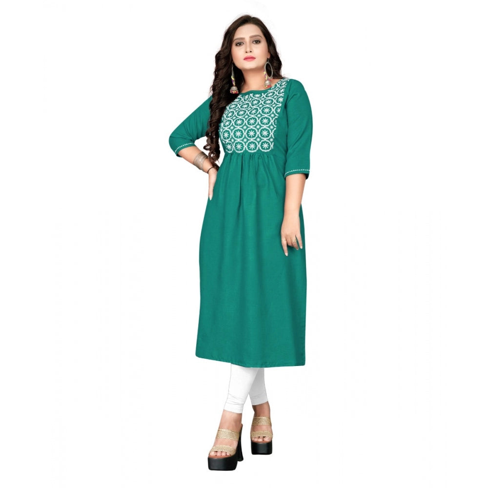 Cotton Embroidery Straight Kurti (Turquoise Green)