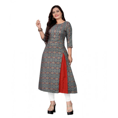 Cotton Print with Foil Frontslit Kurti (Grey)