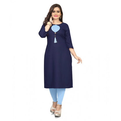 Generic Women's Cotton Solid A-Line Kurti (Navy Blue)