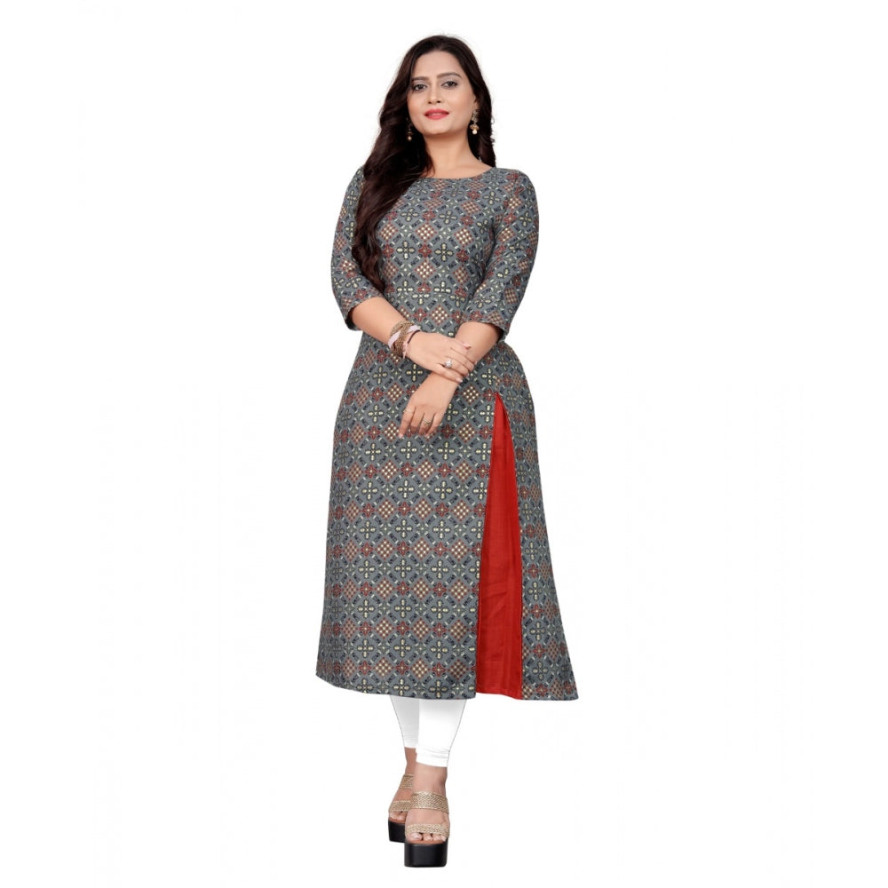 Cotton Print with Foil Frontslit Kurti (Grey)