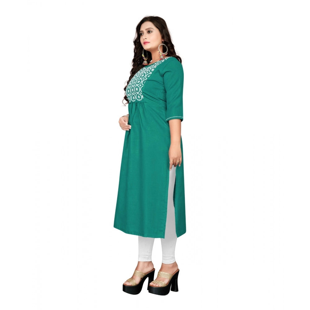 Cotton Embroidery Straight Kurti (Turquoise Green)