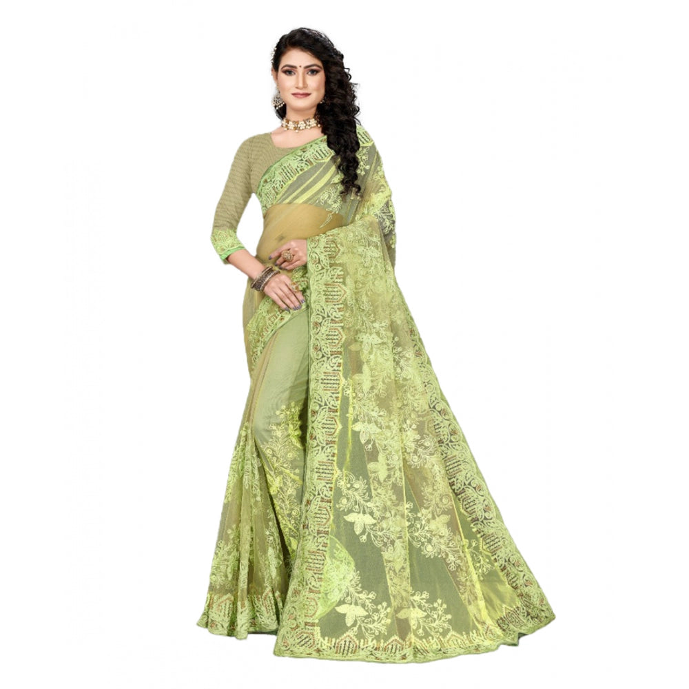 Net Saree With Blouse (Pista Green, 5-6Mtrs)