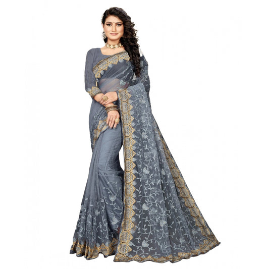 Net Saree With Blouse (Grey, 5-6Mtrs)