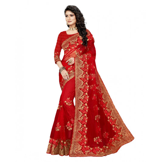 Net Saree With Blouse (Red, 5-6Mtrs)