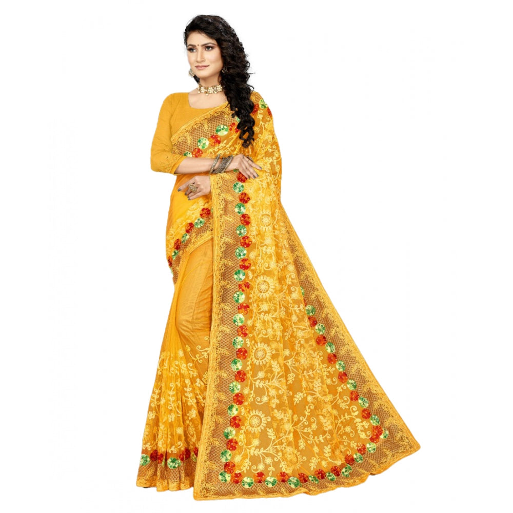 Net Saree With Blouse (Yellow, 5-6Mtrs)