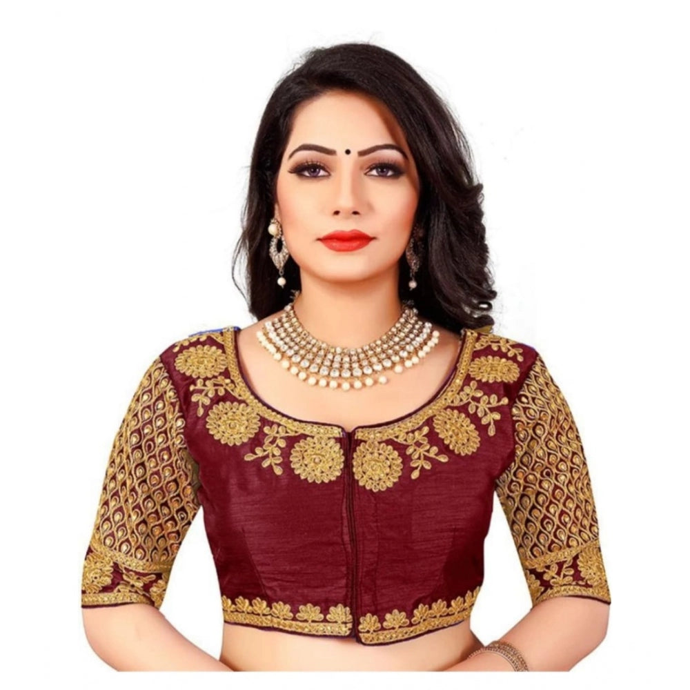 Half Sleeve Ultra satin Readymade Blouse (Maroon, Free Size: Up To 34 Inch)