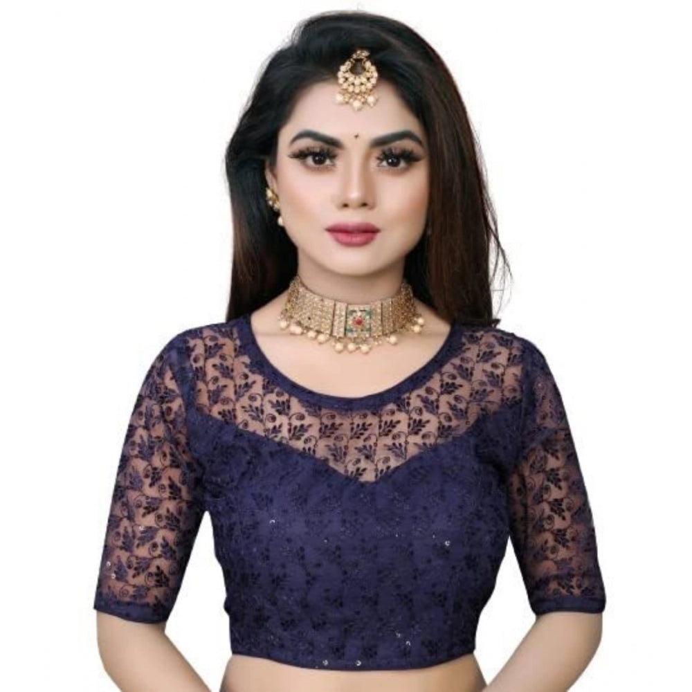 Half Sleeve Net Readymade Blouse (Navy Blue, Free Size: Up To 34 Inch)