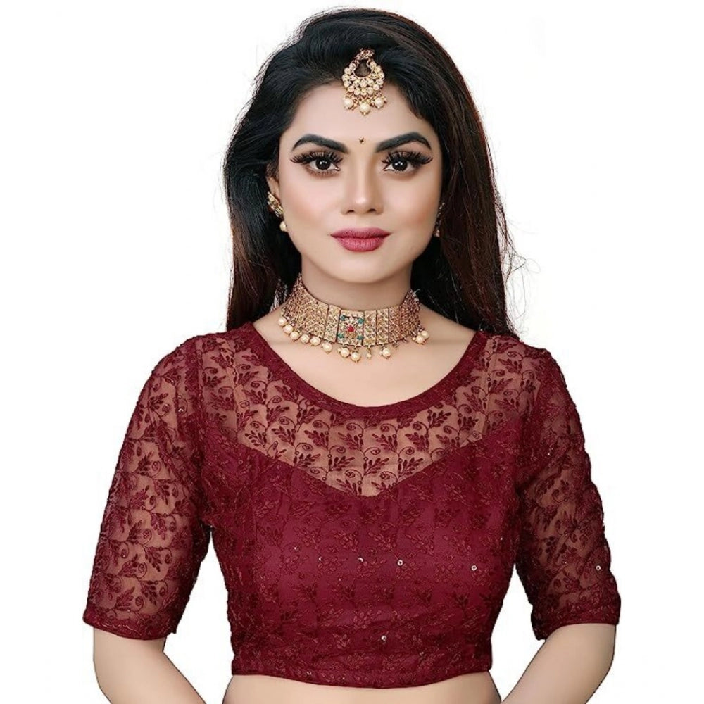 Half Sleeve Net Readymade Blouse (Maroon, Free Size: Up To 34 Inch)