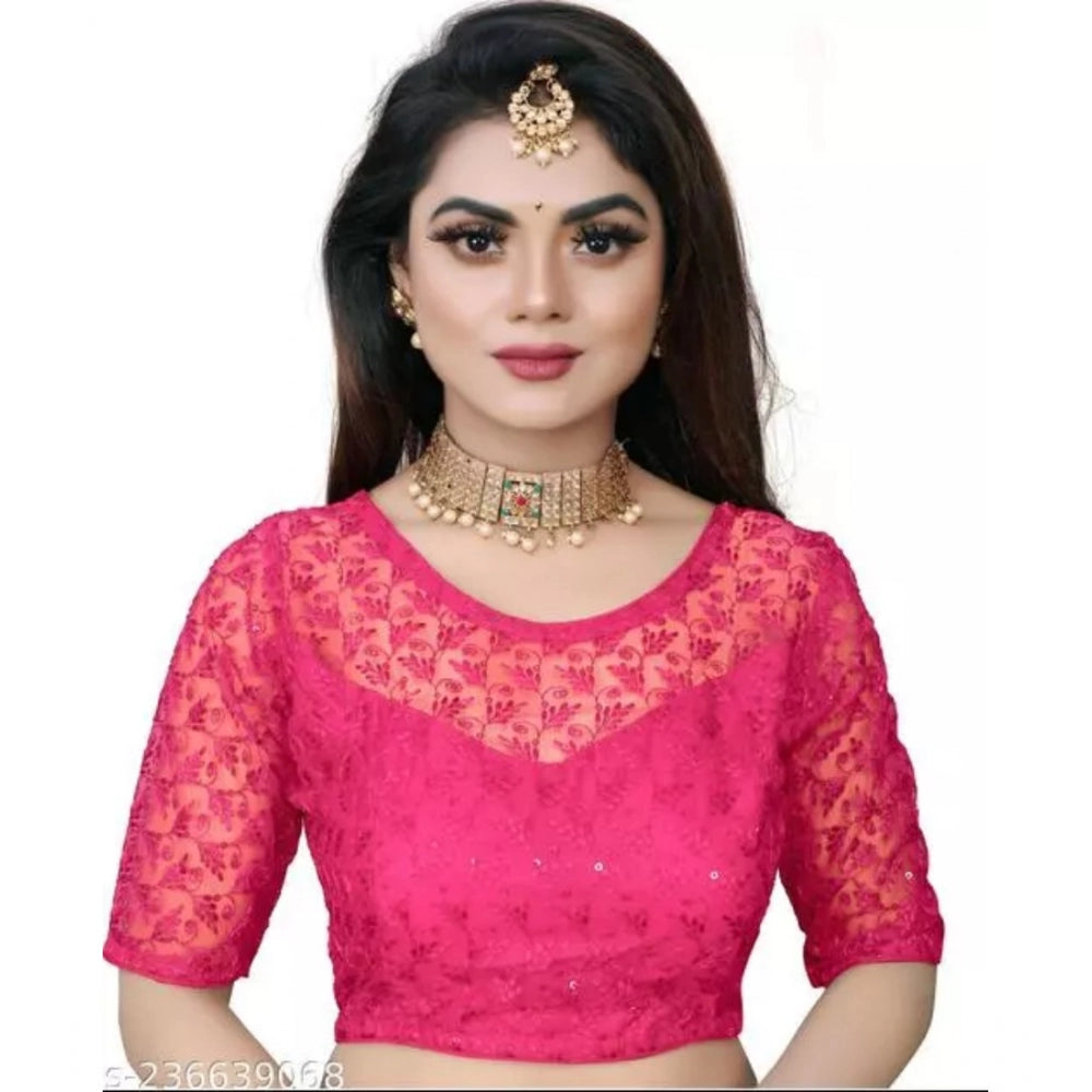 Half Sleeve Net Readymade Blouse (Pink, Free Size: Up To 34 Inch)