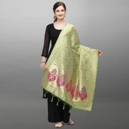 Silk Pure Zari weaving Duppatta (Light Green, Length: 2-