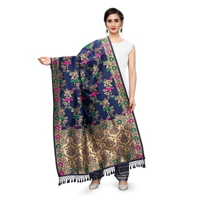 Silk Pure Zari weaving Duppatta (Navy Blue, Length: 2-2.