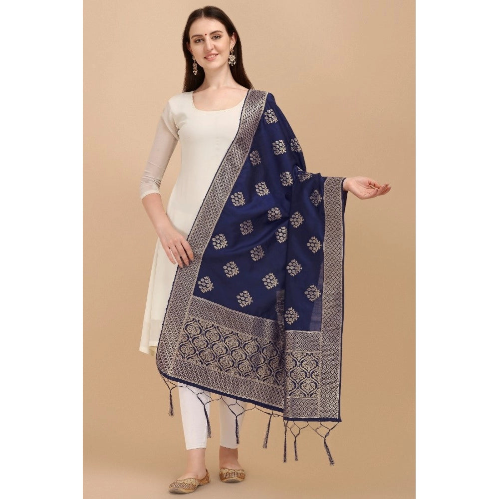 Silk Pure Zari weaving Duppatta (Navy Blue, Length: 2-2.