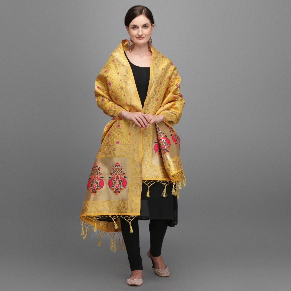 Silk Pure Zari weaving Duppatta (Mustard Yellow, Length: