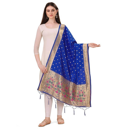 Silk Pure Zari weaving Duppatta (Blue, Length: 2-2.3 Mtr