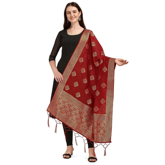 Silk Pure Zari weaving Duppatta (Maroon, Length: 2-2.3 M