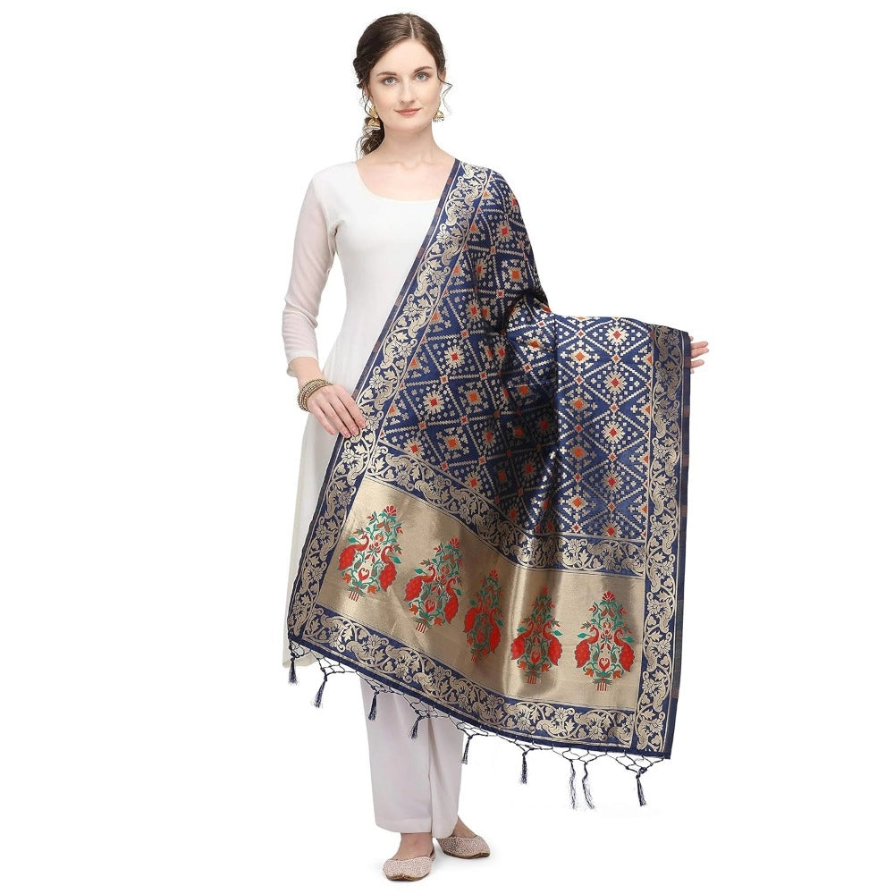 Silk Pure Zari weaving Duppatta (Navy Blue, Length: 2-2.