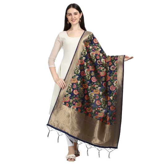 Silk Pure Zari weaving Duppatta (Navy Blue, Length: 2-2.