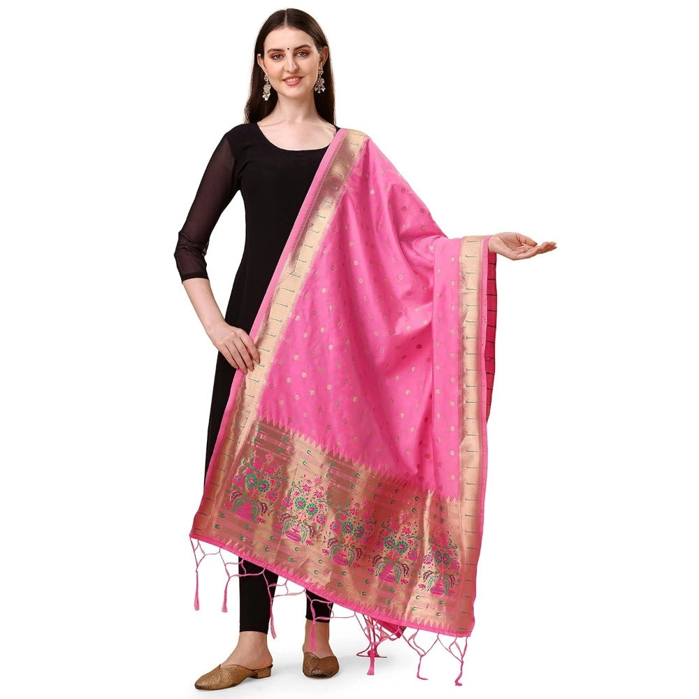 Silk Pure Zari weaving Duppatta (Light Pink, Length: 2-2