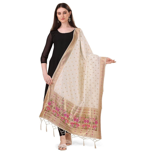 Silk Pure Zari weaving Duppatta (White, Length: 2-2.3 Mt