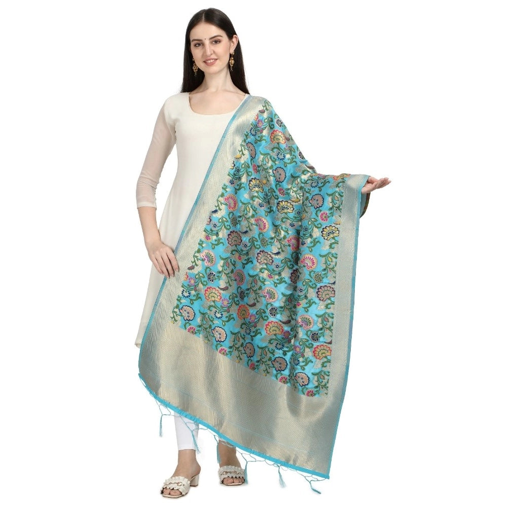 Silk Pure Zari weaving Duppatta (Light Blue, Length: 2-2