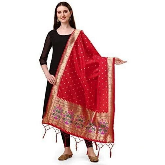 Silk Pure Zari weaving Duppatta (Red, Length: 2-2.3 Mtrs