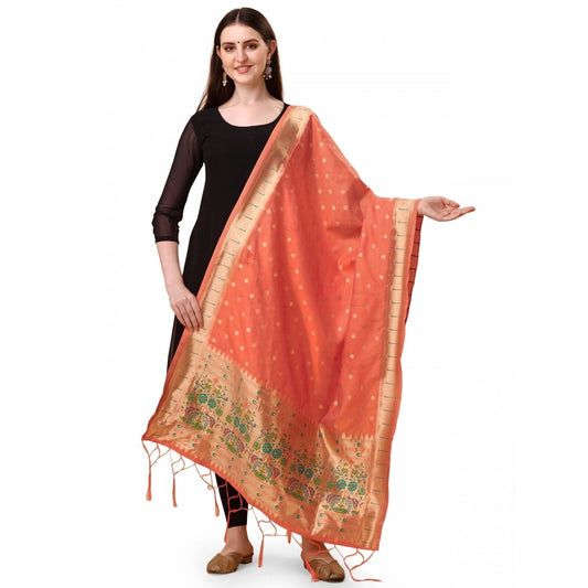 Silk Pure Zari weaving Duppatta (Orange, Length: 2-2.3 M