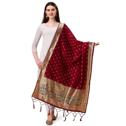 Silk Pure Zari weaving Duppatta (Maroon, Length: 2-2.3 M