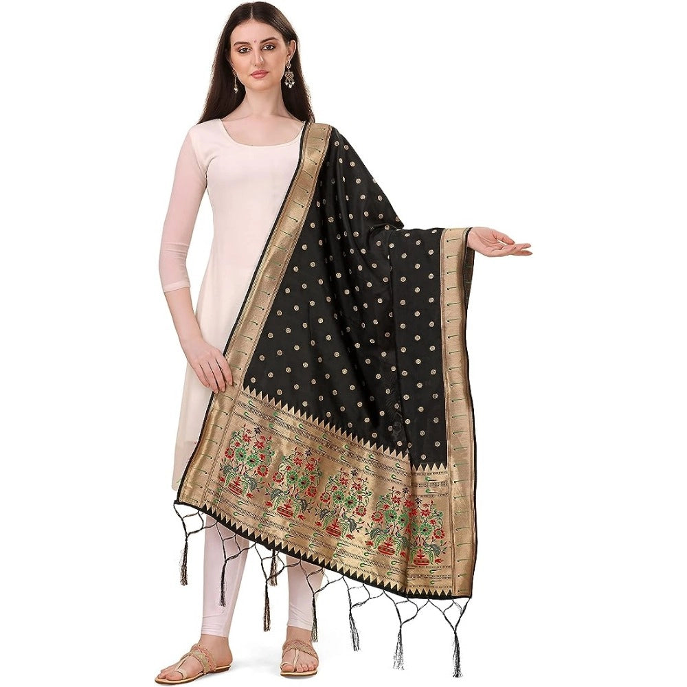 Silk Pure Zari weaving Duppatta (Black, Length: 2-2.3 Mt