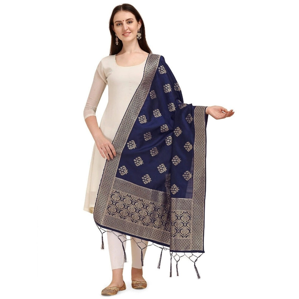 Silk Pure Zari weaving Duppatta (Navy Blue, Length: 2-2.