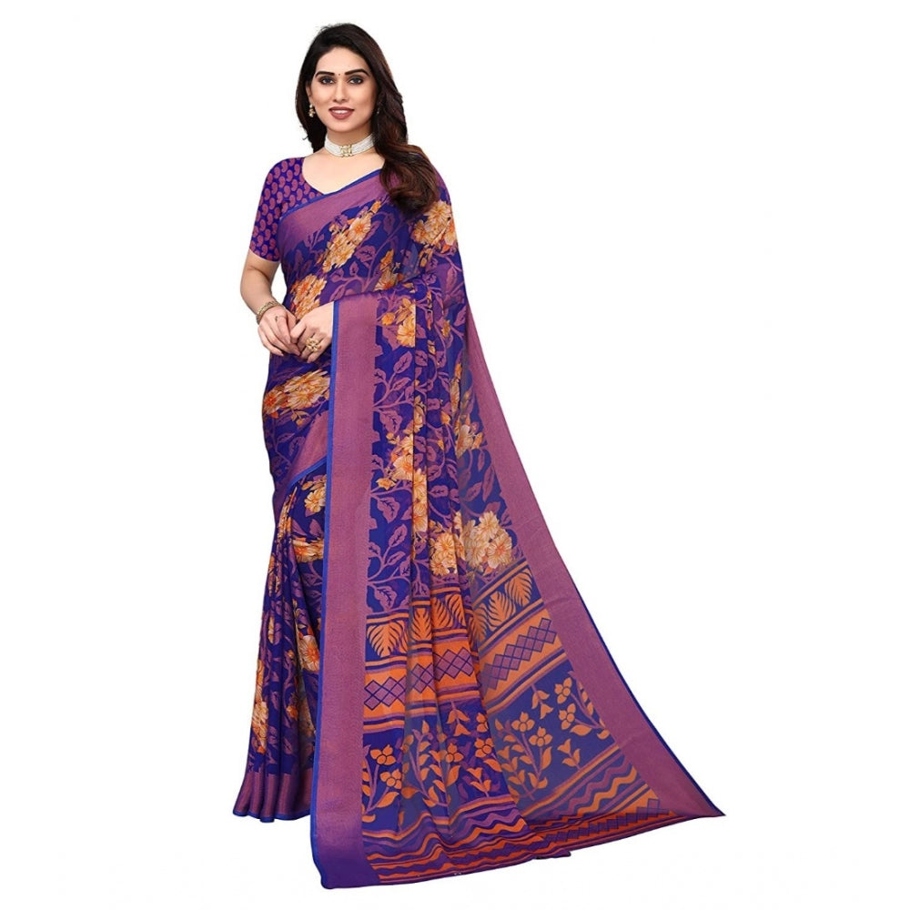 Viscose Rayon Printed Saree With Unstitched Blouse (Blue)