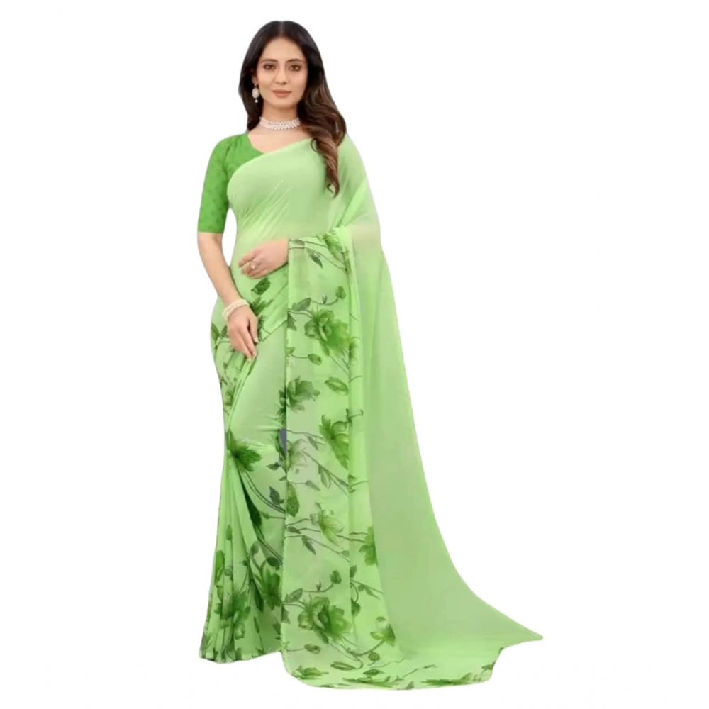 Georgette Printed Saree With Unstitched Blouse (Green)