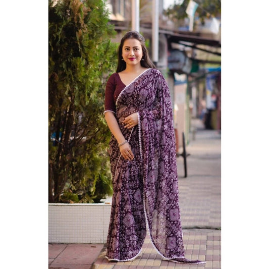 Georgette Printed Saree With Unstitched Blouse (Purple)