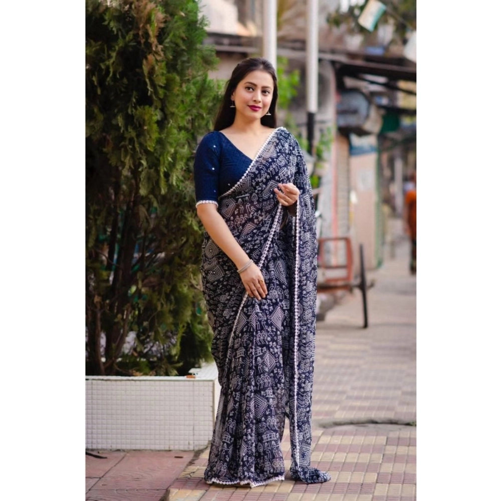 Georgette Printed Saree With Unstitched Blouse (Navyblue)