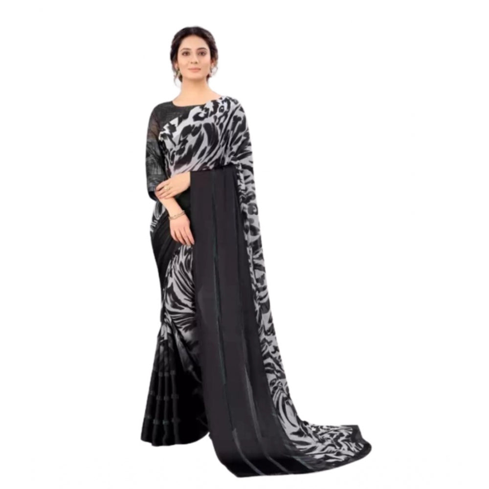 Satin Patta Printed Saree With Unstitched Blouse (Grey)