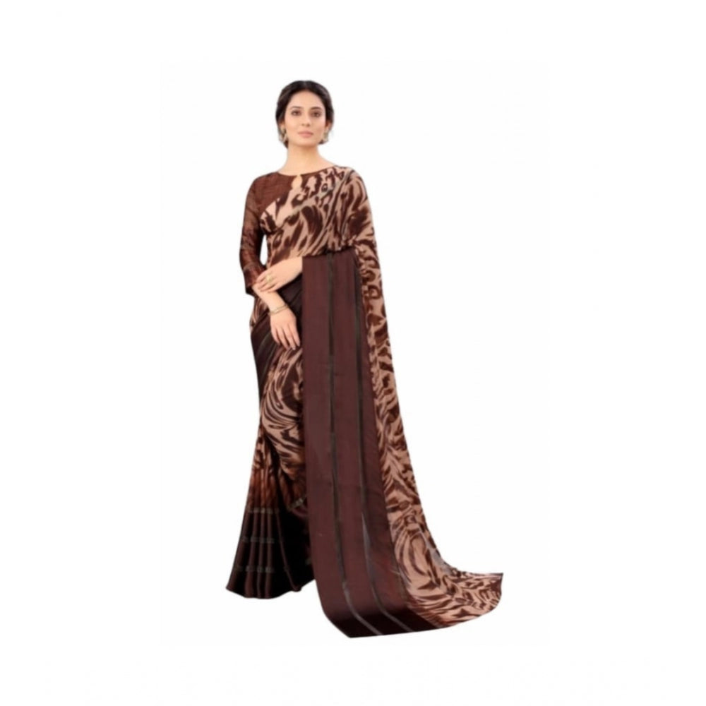 Satin Patta Printed Saree With Unstitched Blouse (Brown)