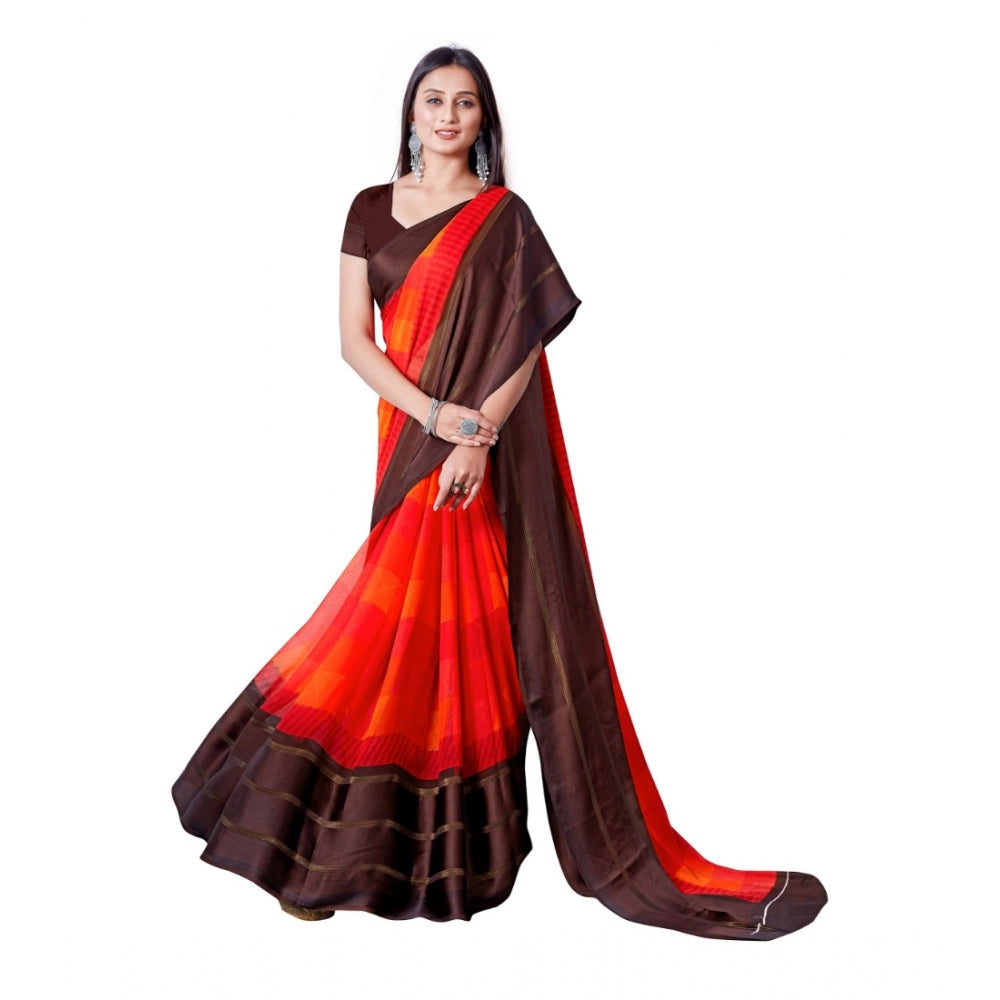 Satin Patta Printed Saree With Unstitched Blouse (Red)