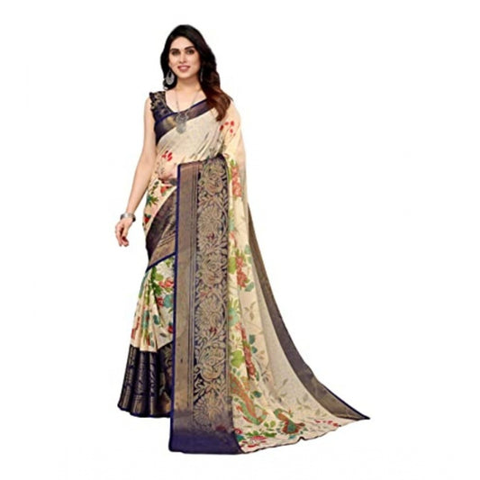 Viscose Rayon Printed Saree With Unstitched Blouse (Navy Blue)