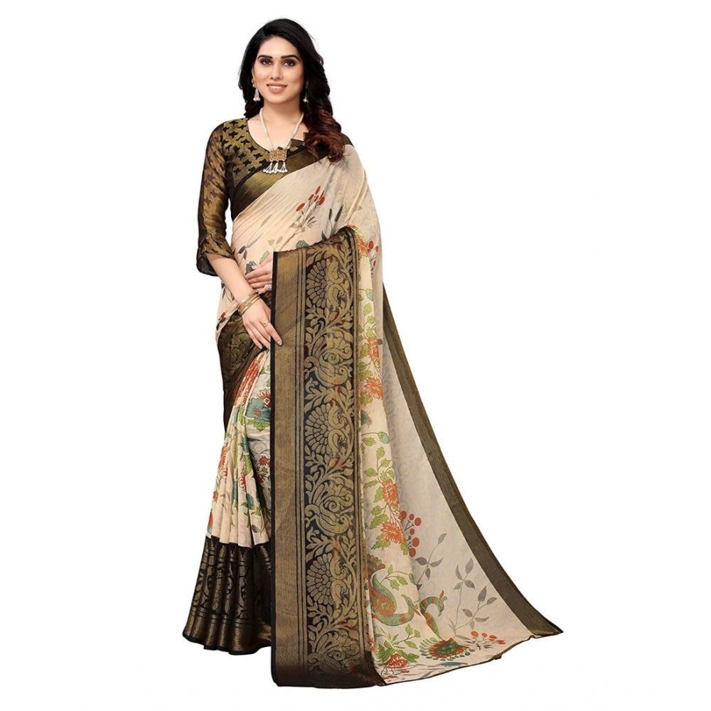 Viscose Rayon Printed Saree With Unstitched Blouse (Black)