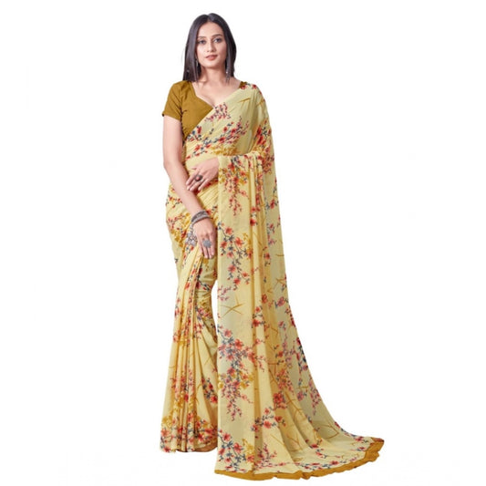 Georgette Printed Saree With Unstitched Blouse (Yellow)